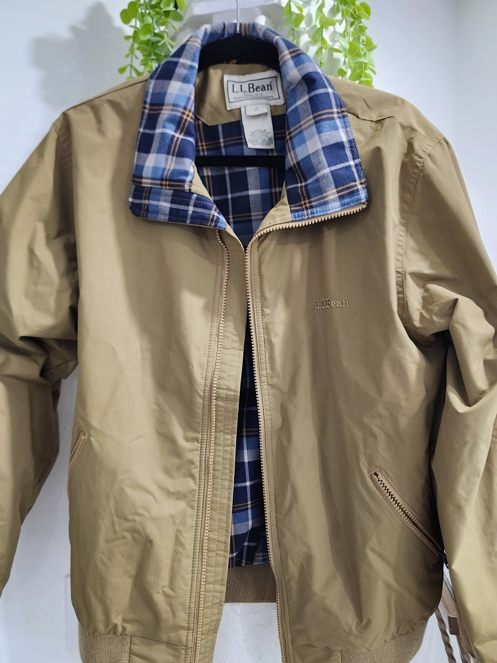 L.L. Bean Men's Ochre Bomber Jacket with Plaid Lining - Picture 2 of 4